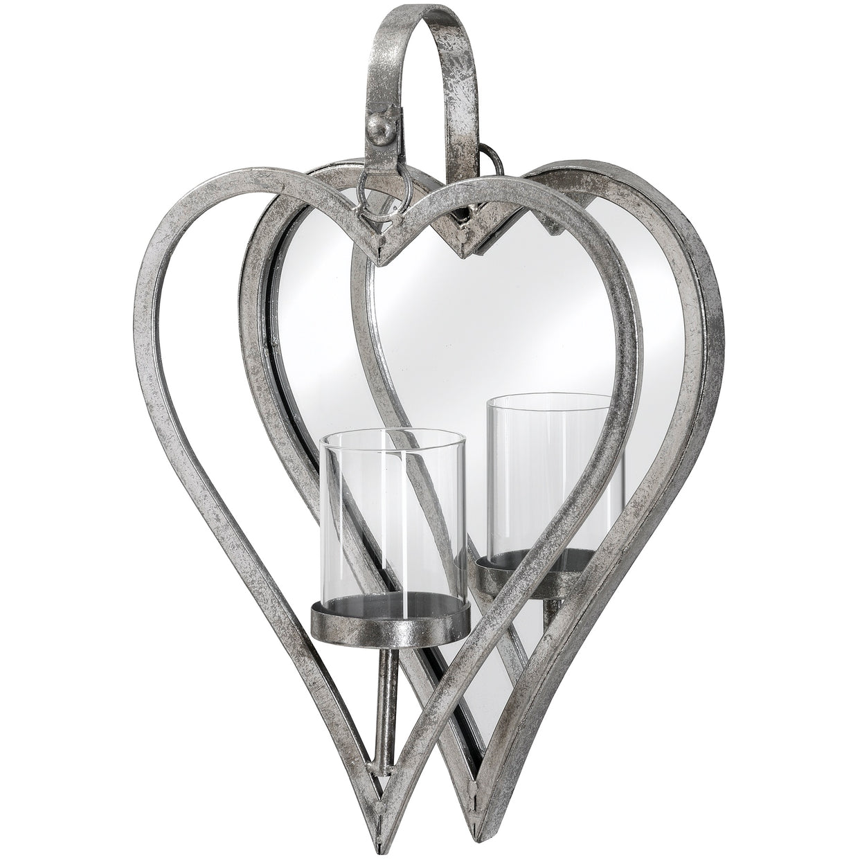 Small Antique Silver Mirrored Heart Metal Candle Holder For Hill Interiors - HIL-18302