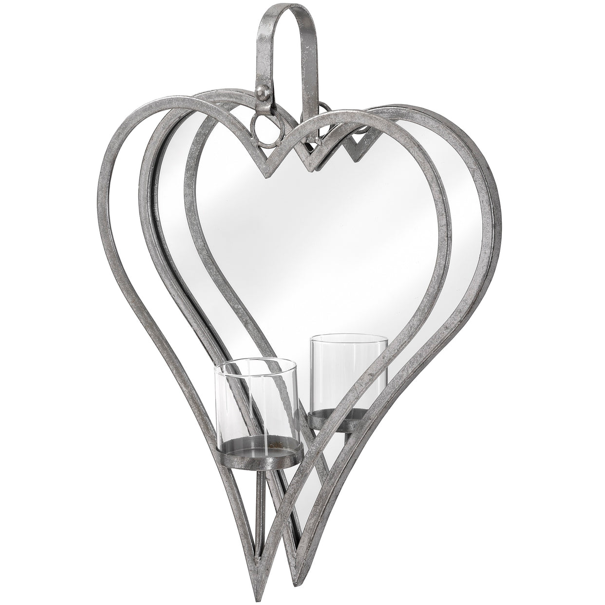 Large Antique Silver Mirrored Heart Metal Candle Holder For Hill Interiors - HIL-18303