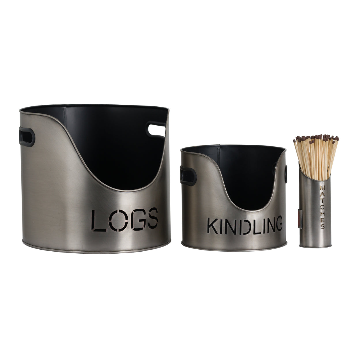 Logs And Kindling Buckets With Matchstick Holder - Pewter Finish For Hill Interiors - HIL-19142
