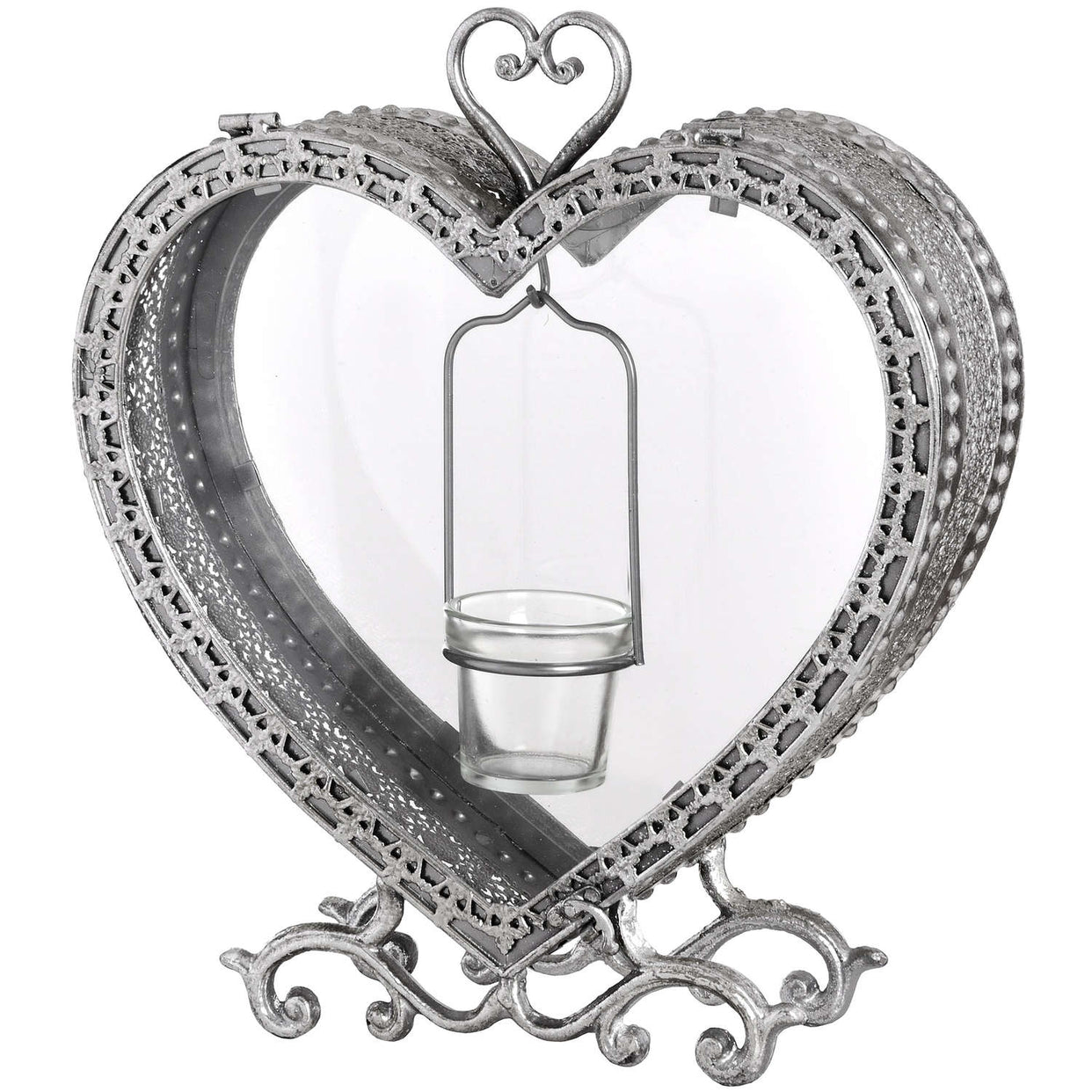 Free Standing Heart Tealight Glass Lantern Antique Silver For Hill Interiors - HIL-19162