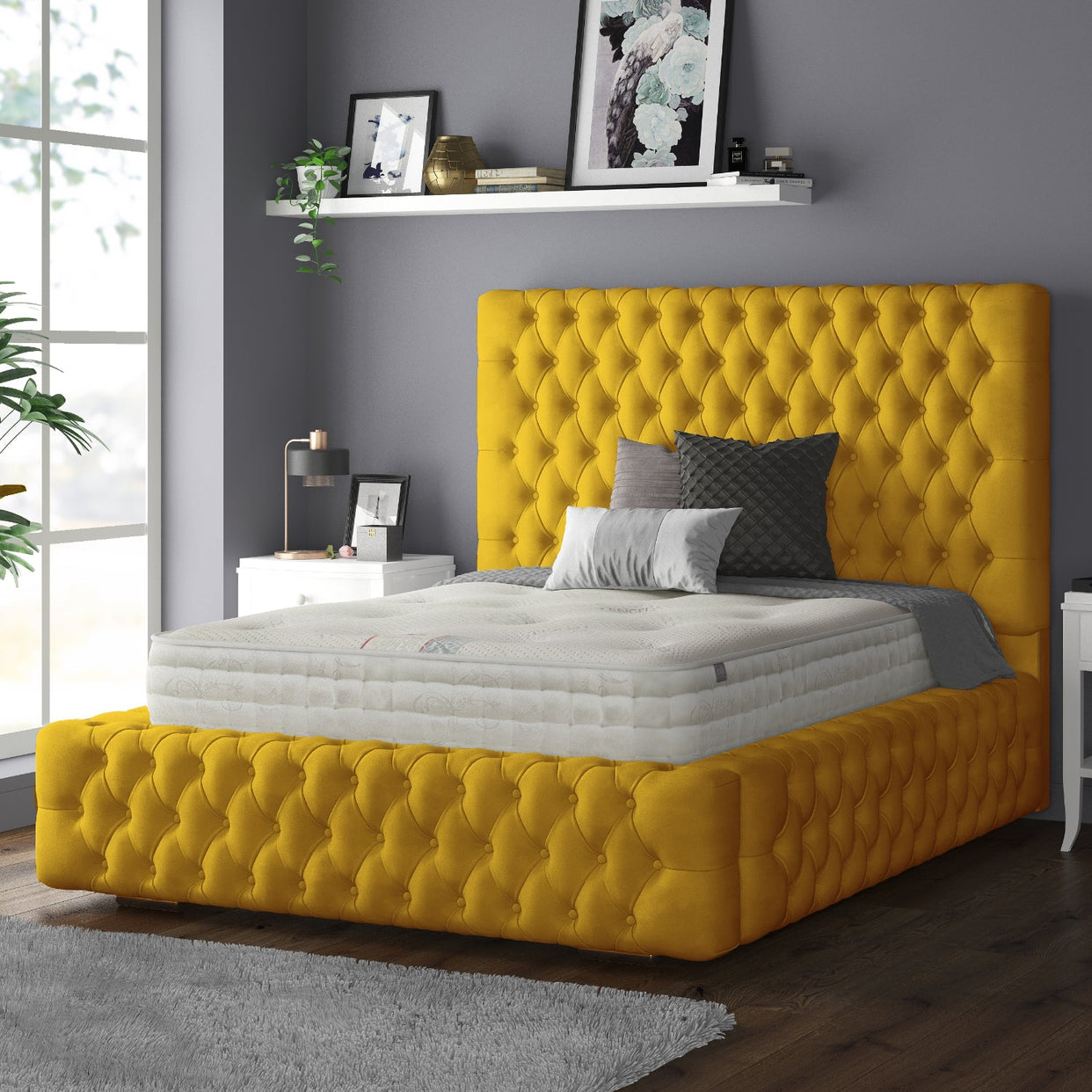 Royal Cushioned Chesterfield Plush Velvet Bed Frame Matching Buttons 5 Inch Border For MFS Products