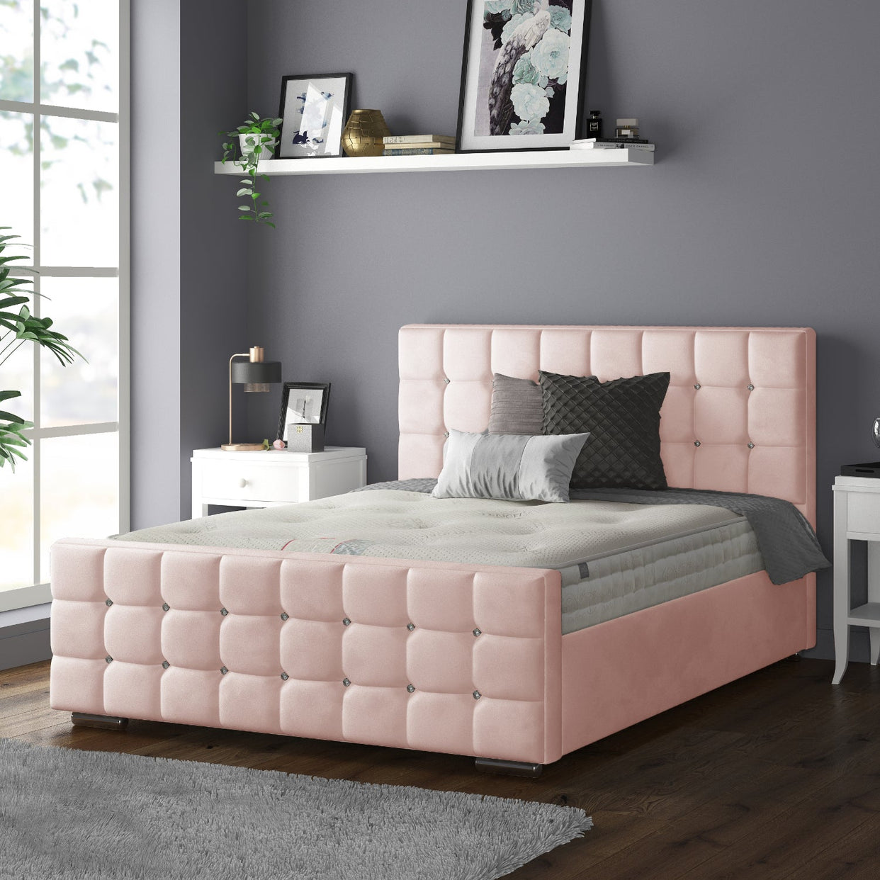 Cube Chesterfield Plush Velvet Bed Frame With Diamonds For MFS Products