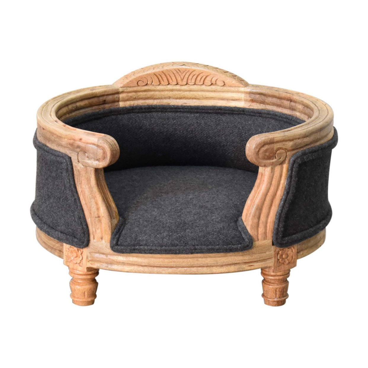 Carved Battleship Tweed Pet Mango Wood Bed from Artisan Furniture - IN1671
