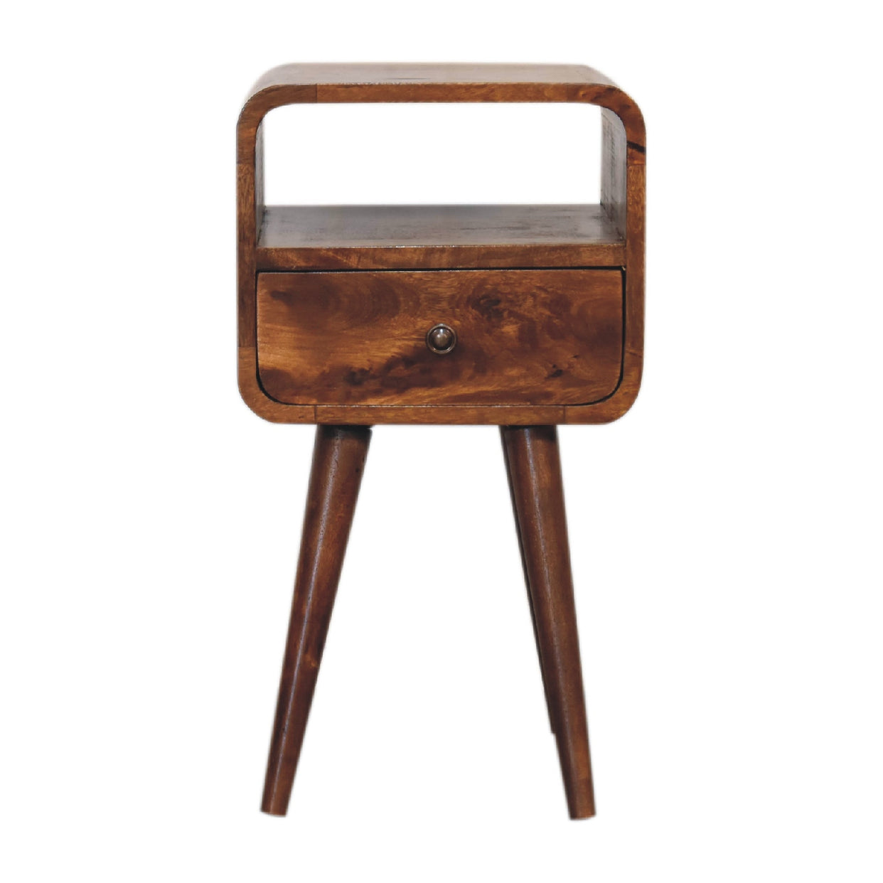 Small Curved Mango Wood Bedside Table With Open Slot Chestnut from Artisan Furniture - IN3313