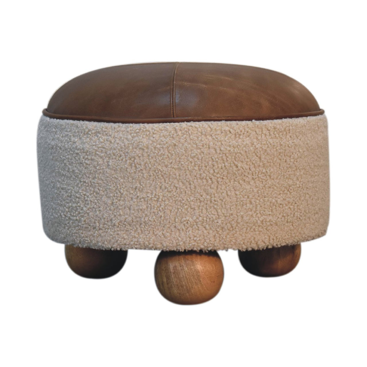 Cream Boucle Buffalo Hide Round Mango Wood Footstool With Ball Feet from Artisan Furniture - IN3499