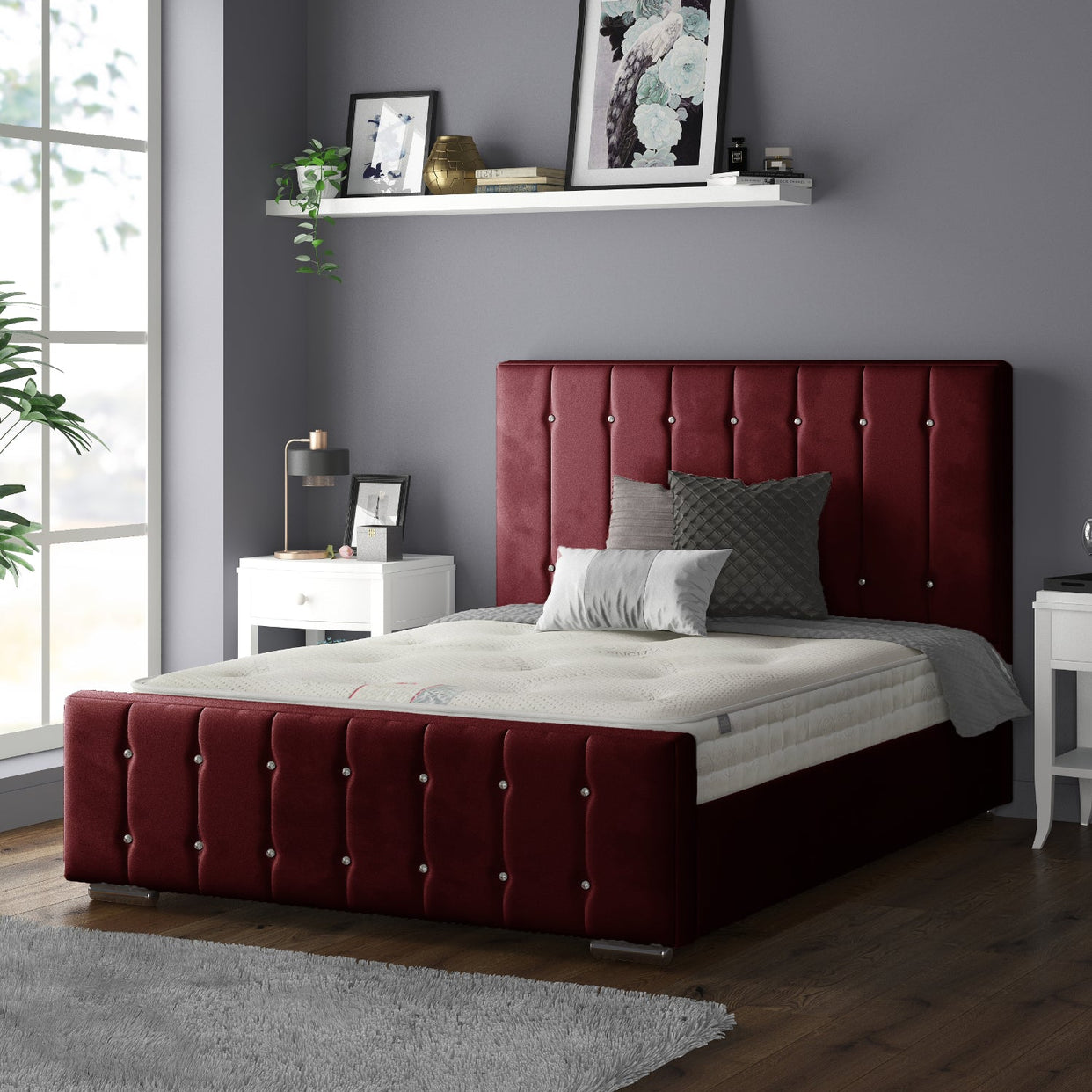 Anastasia Striped Plush Velvet Bed Frame With Diamonds For MFS Products