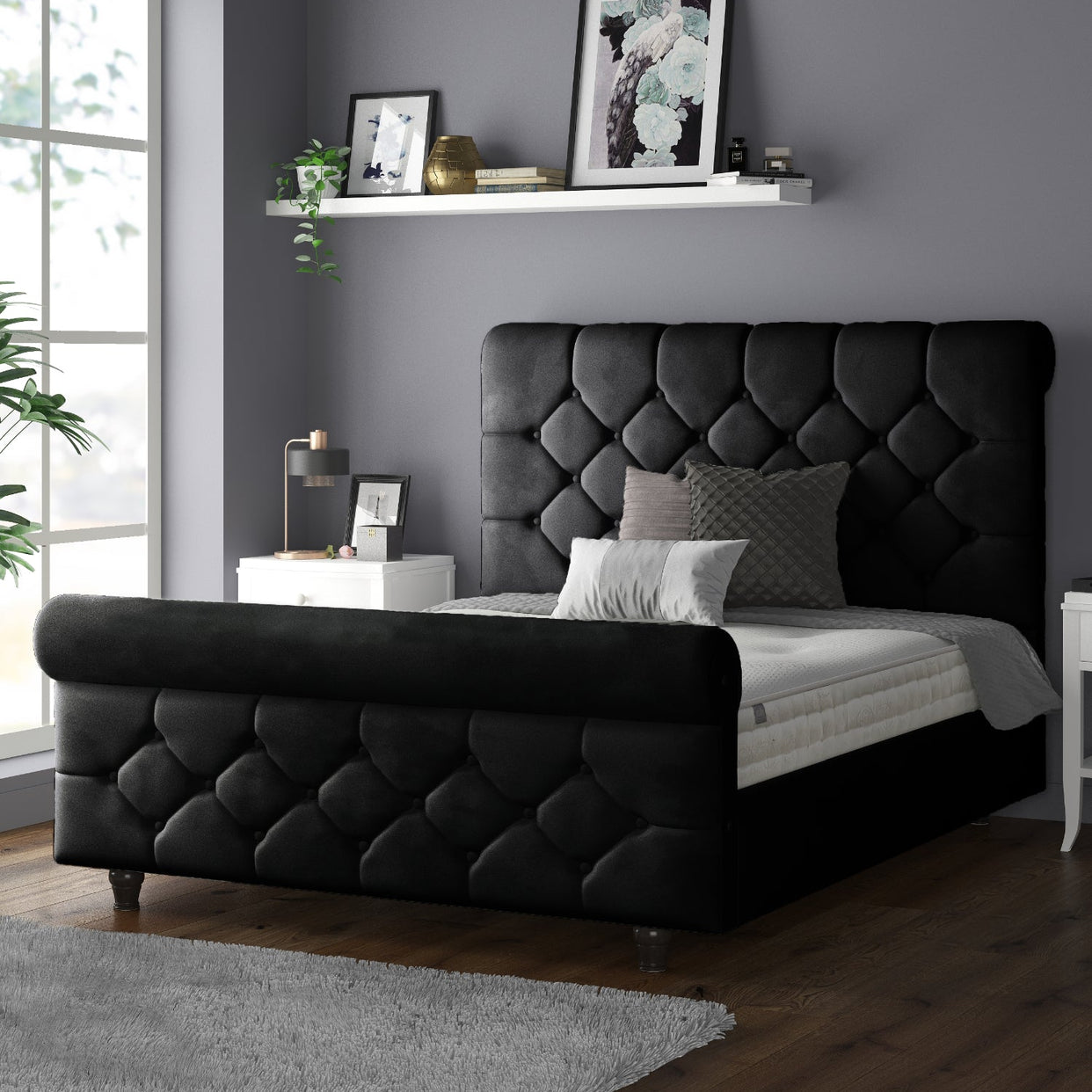 Jasmine Velvet Chesterfield Sleigh Plush Velvet Bed Frame For MFS Products