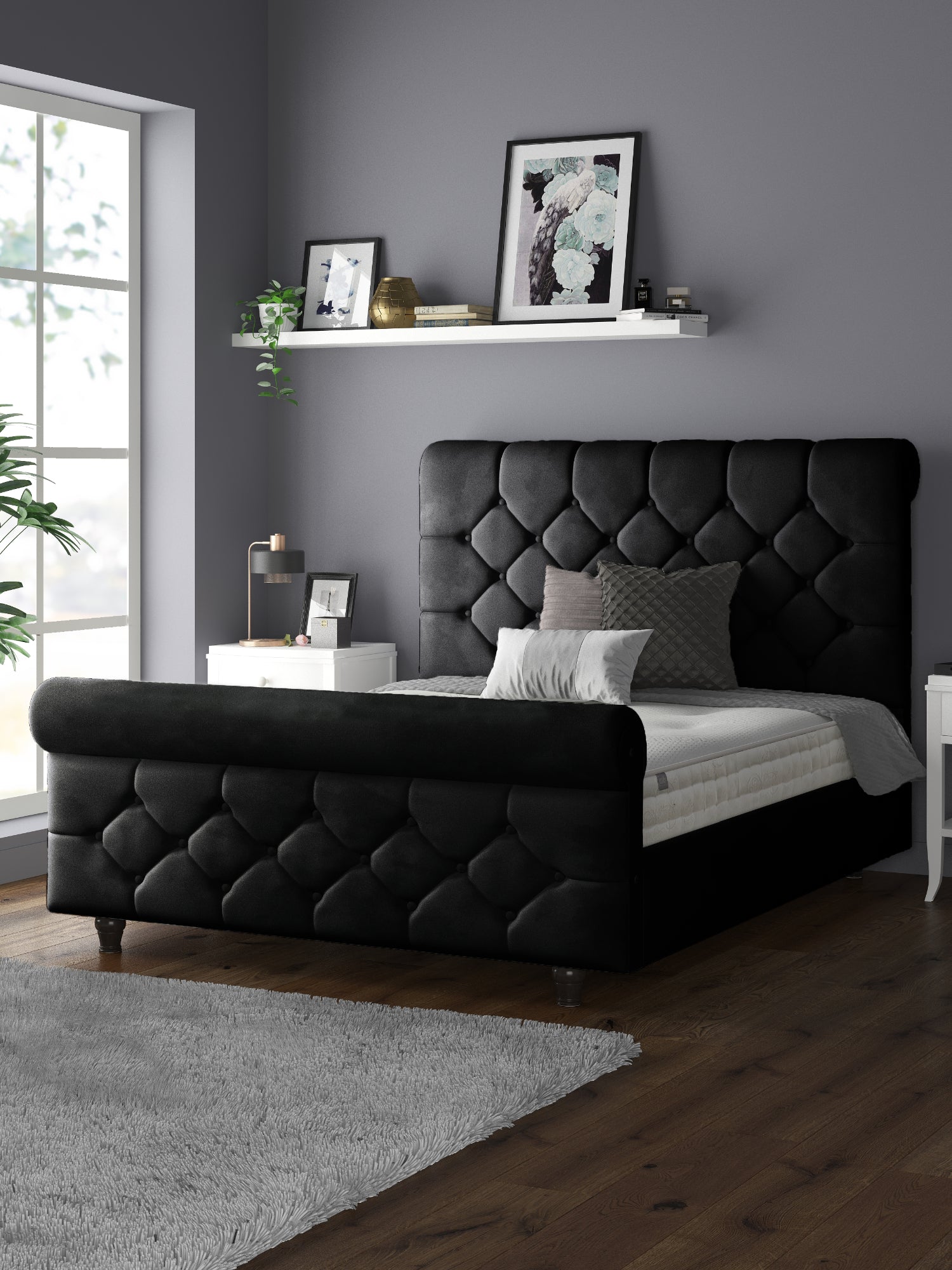 Jasmine Velvet Chesterfield Sleigh Plush Velvet Bed Frame For MFS Products