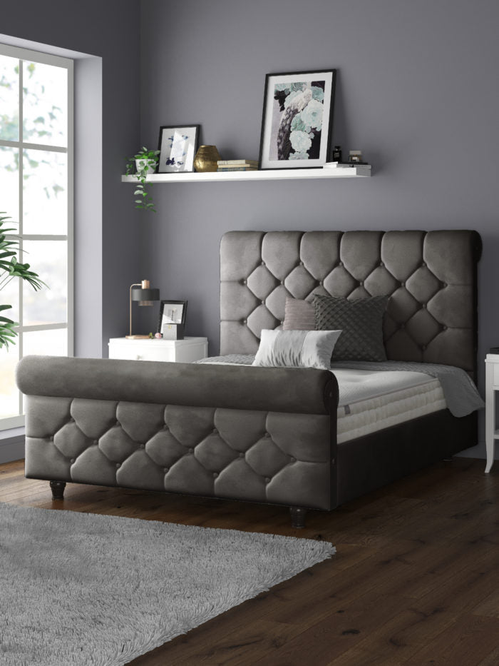 Jasmine Velvet Chesterfield Sleigh Plush Velvet Bed Frame For MFS Products