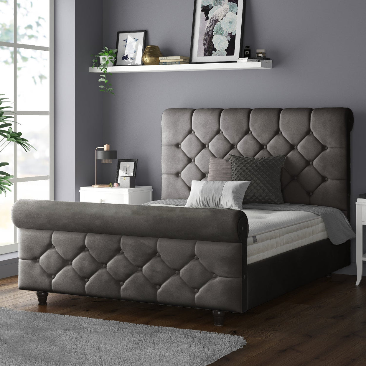 Jasmine Velvet Chesterfield Sleigh Plush Velvet Bed Frame For MFS Products