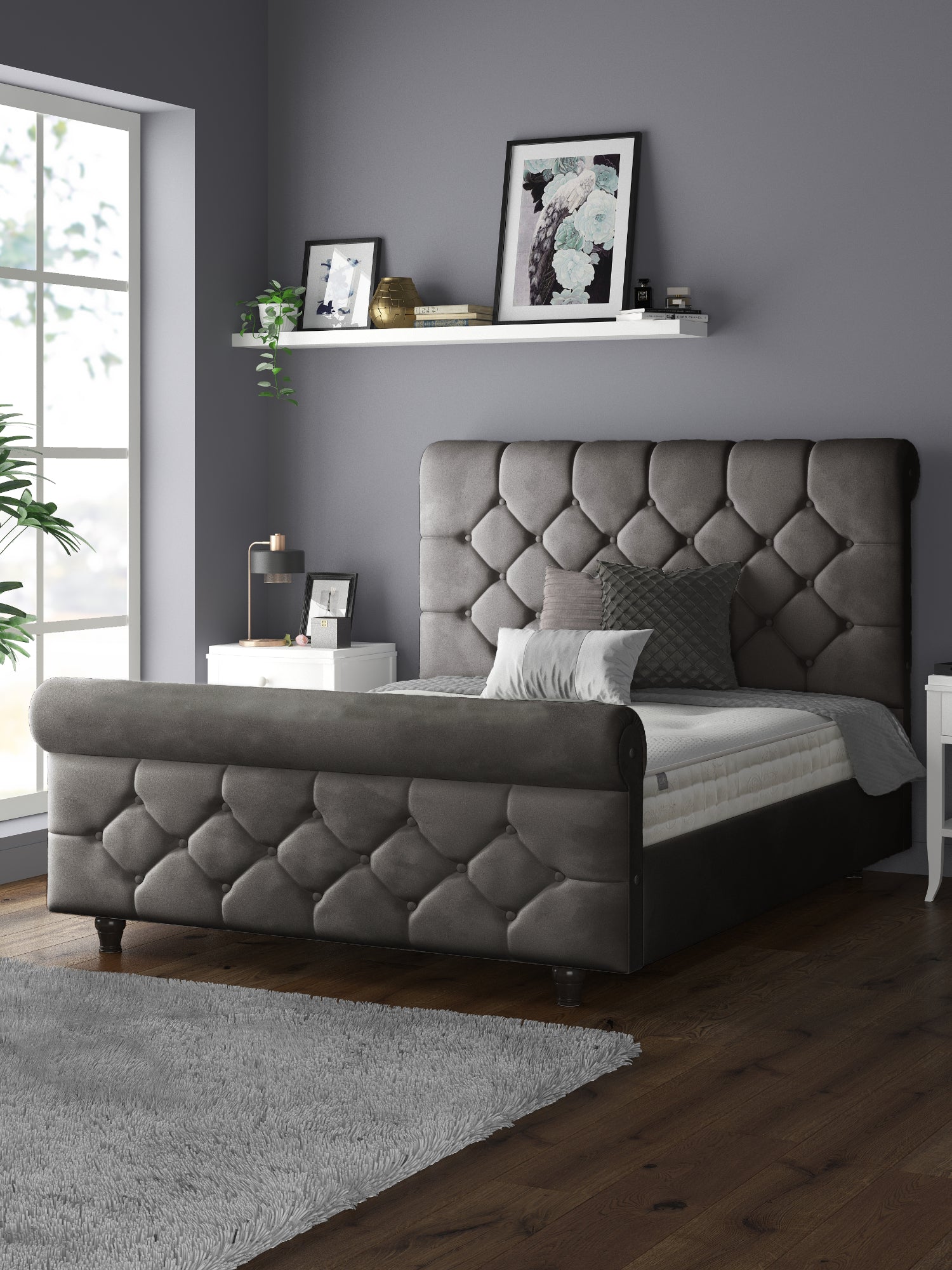 Jasmine Velvet Chesterfield Sleigh Plush Velvet Bed Frame For MFS Products