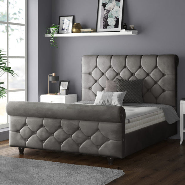 Jasmine Velvet Chesterfield Sleigh Plush Velvet Bed Frame For MFS Products