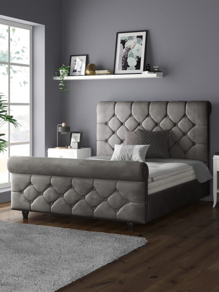 Jasmine Velvet Chesterfield Sleigh Plush Velvet Bed Frame For MFS Products