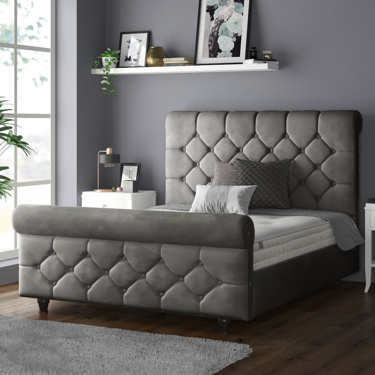 Jasmine Velvet Chesterfield Sleigh Plush Velvet Bed Frame For MFS Products