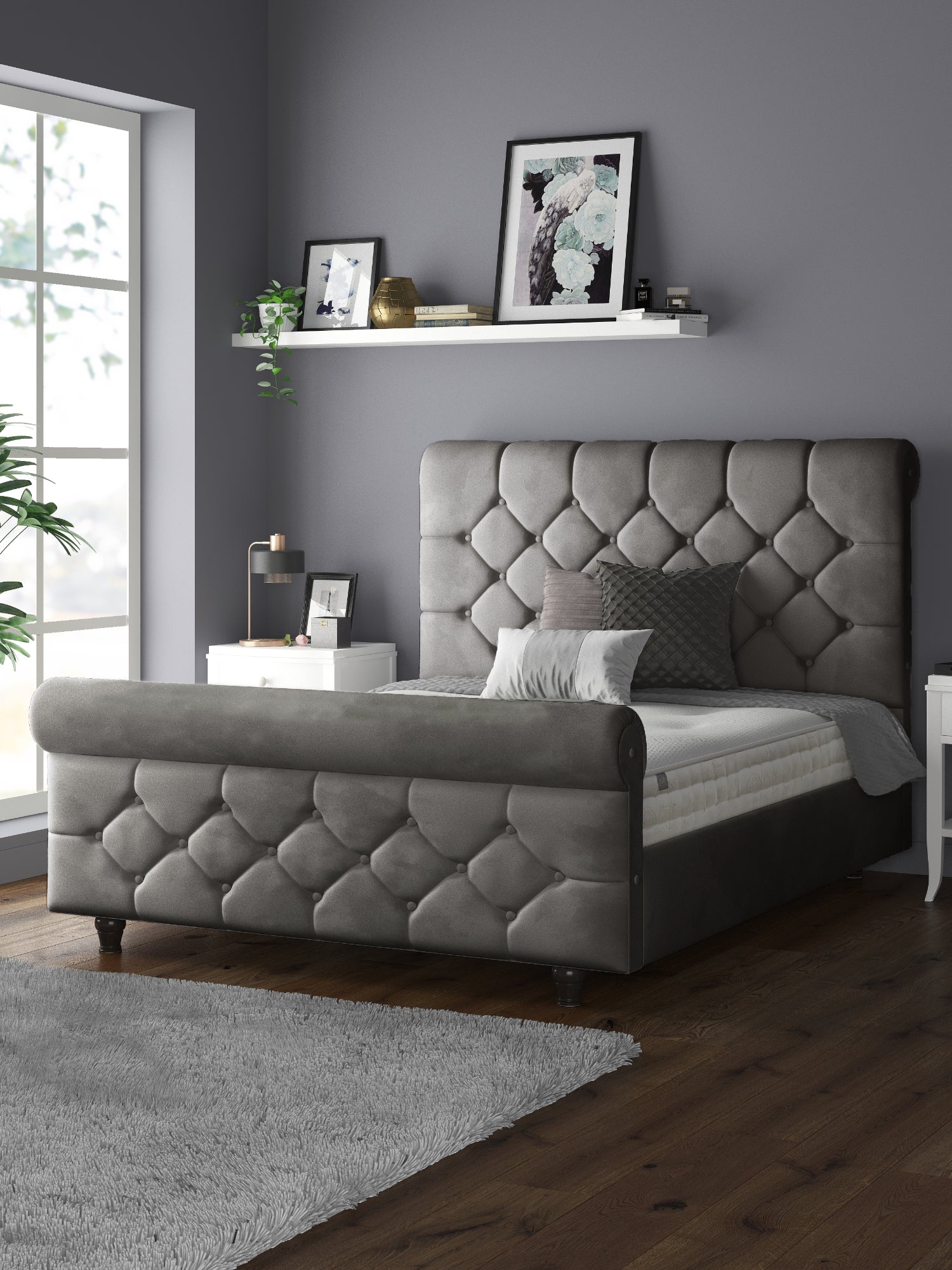 Jasmine Velvet Chesterfield Sleigh Plush Velvet Bed Frame For MFS Products