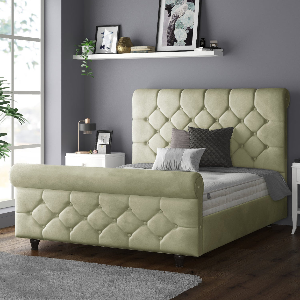 Jasmine Velvet Chesterfield Sleigh Plush Velvet Bed Frame For MFS Products