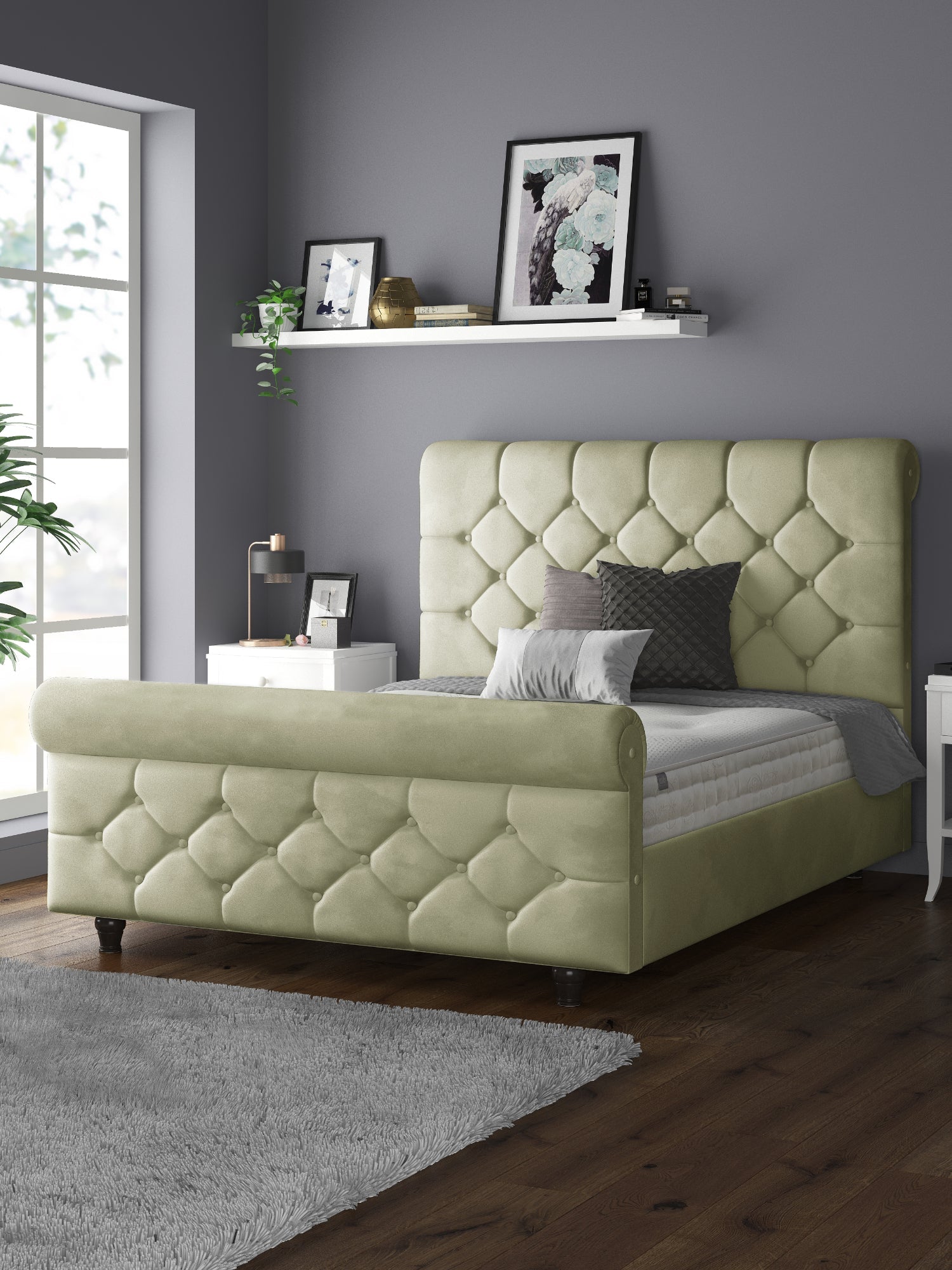 Jasmine Velvet Chesterfield Sleigh Plush Velvet Bed Frame For MFS Products