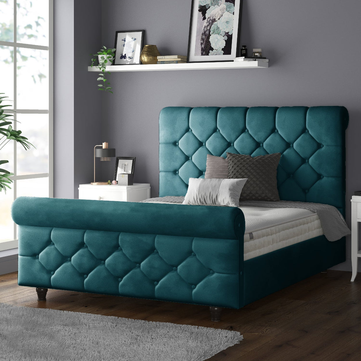 Jasmine Velvet Chesterfield Sleigh Plush Velvet Bed Frame For MFS Products