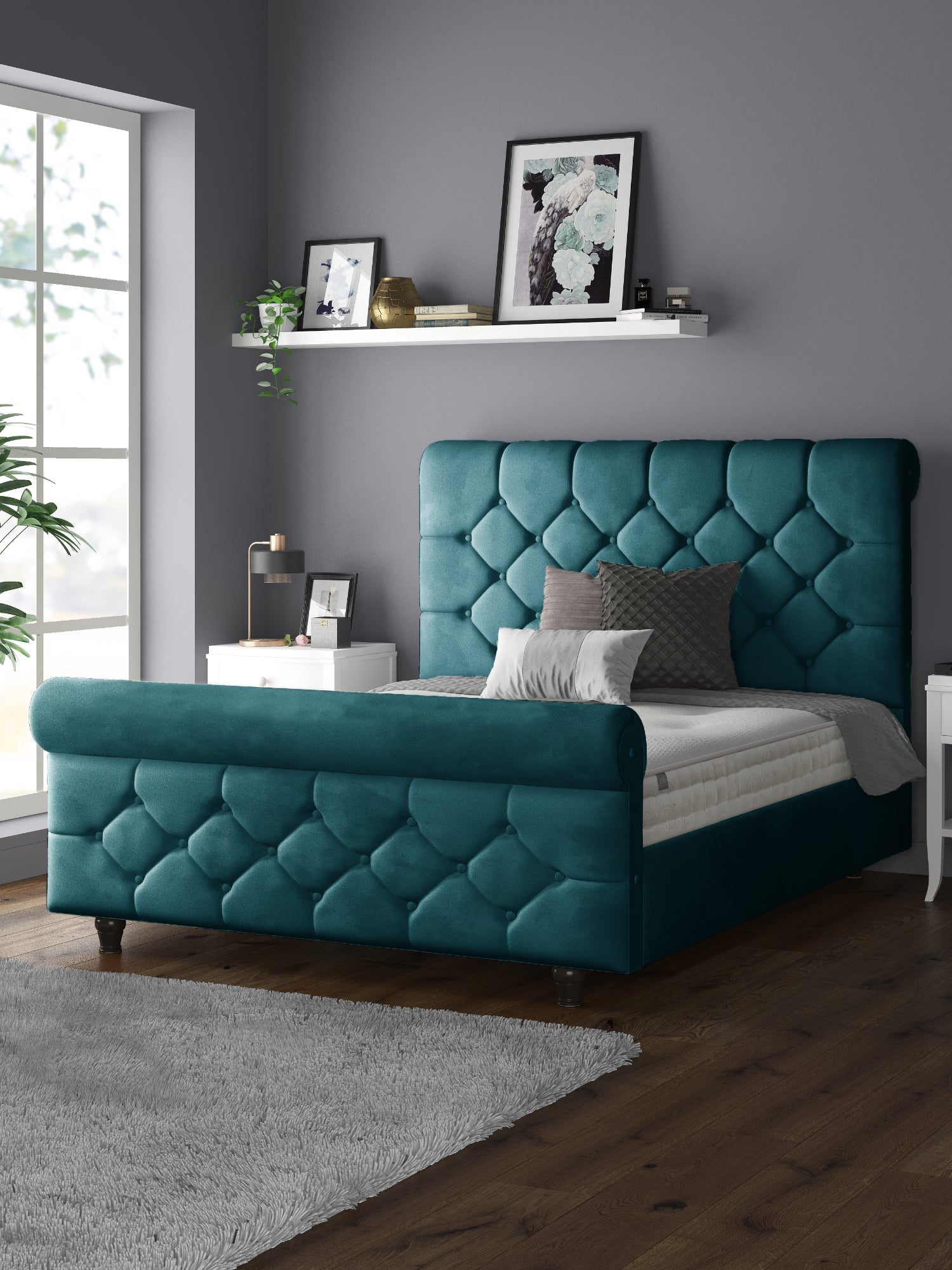 Jasmine Velvet Chesterfield Sleigh Plush Velvet Bed Frame For MFS Products