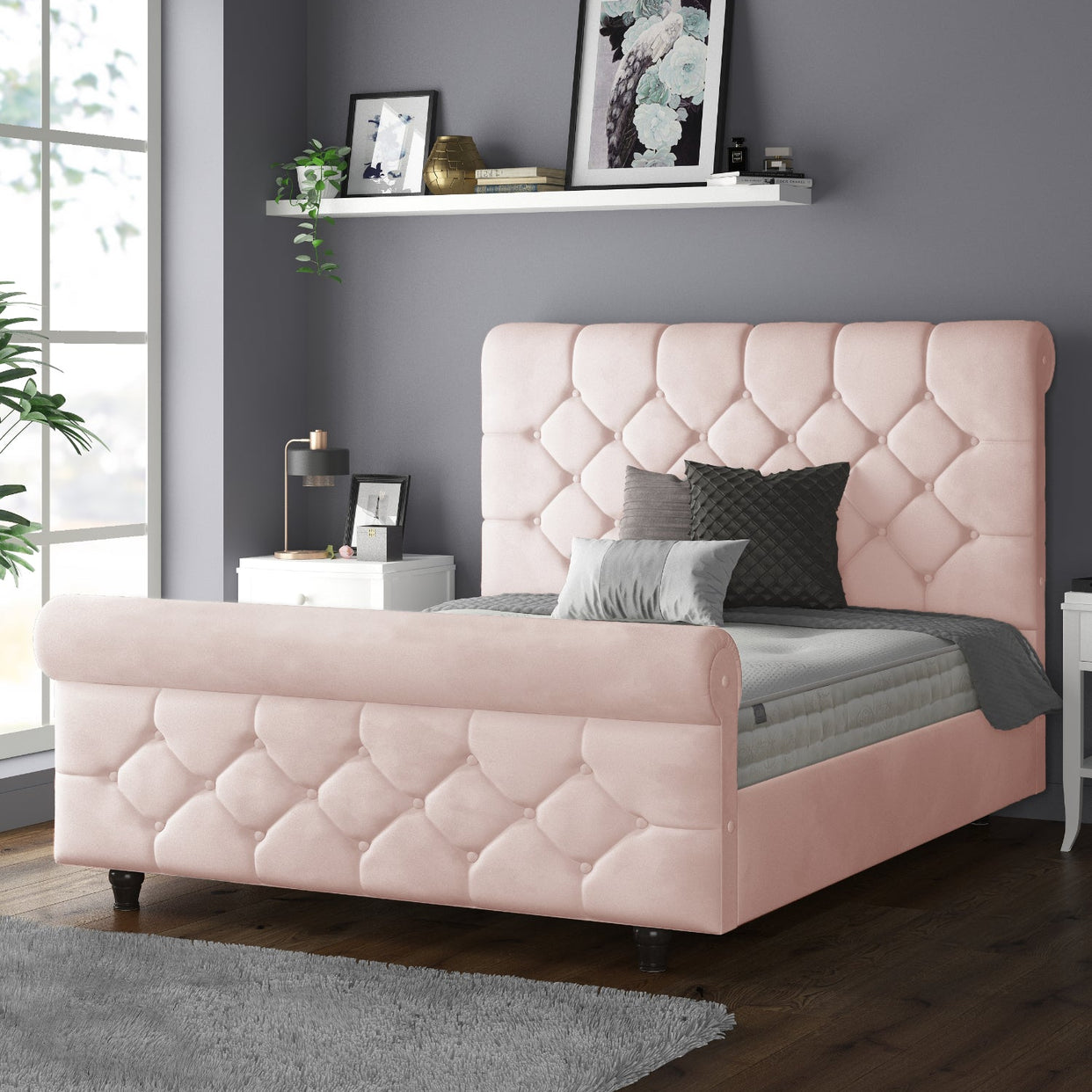 Jasmine Velvet Chesterfield Sleigh Plush Velvet Bed Frame For MFS Products