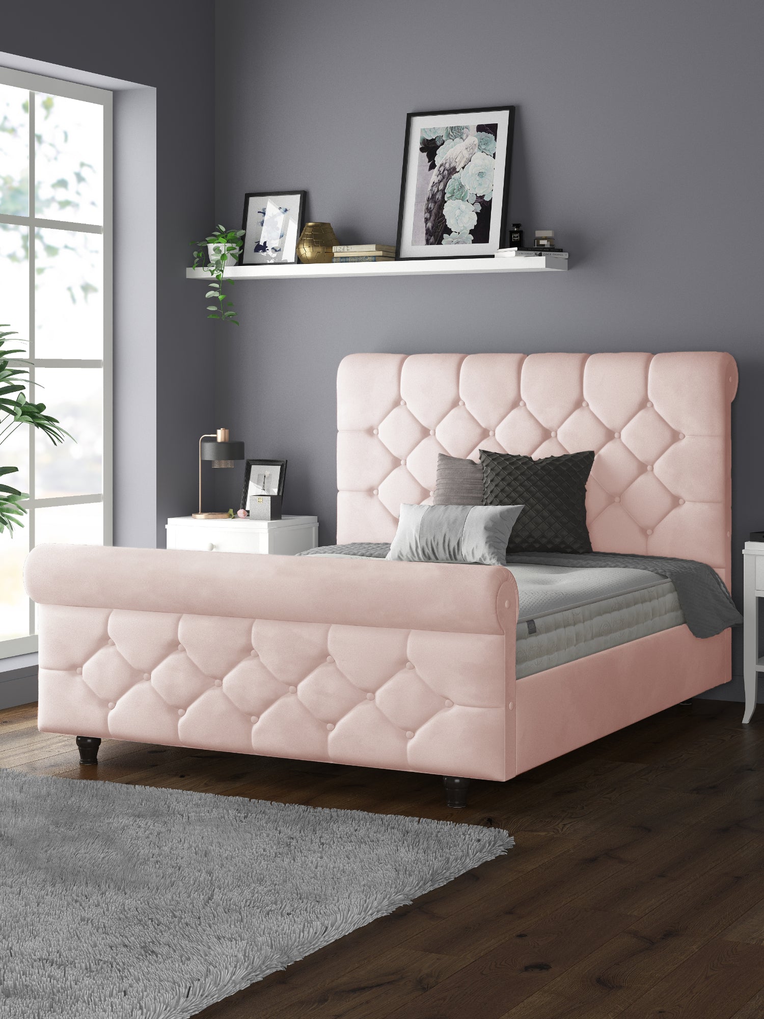 Jasmine Velvet Chesterfield Sleigh Plush Velvet Bed Frame For MFS Products