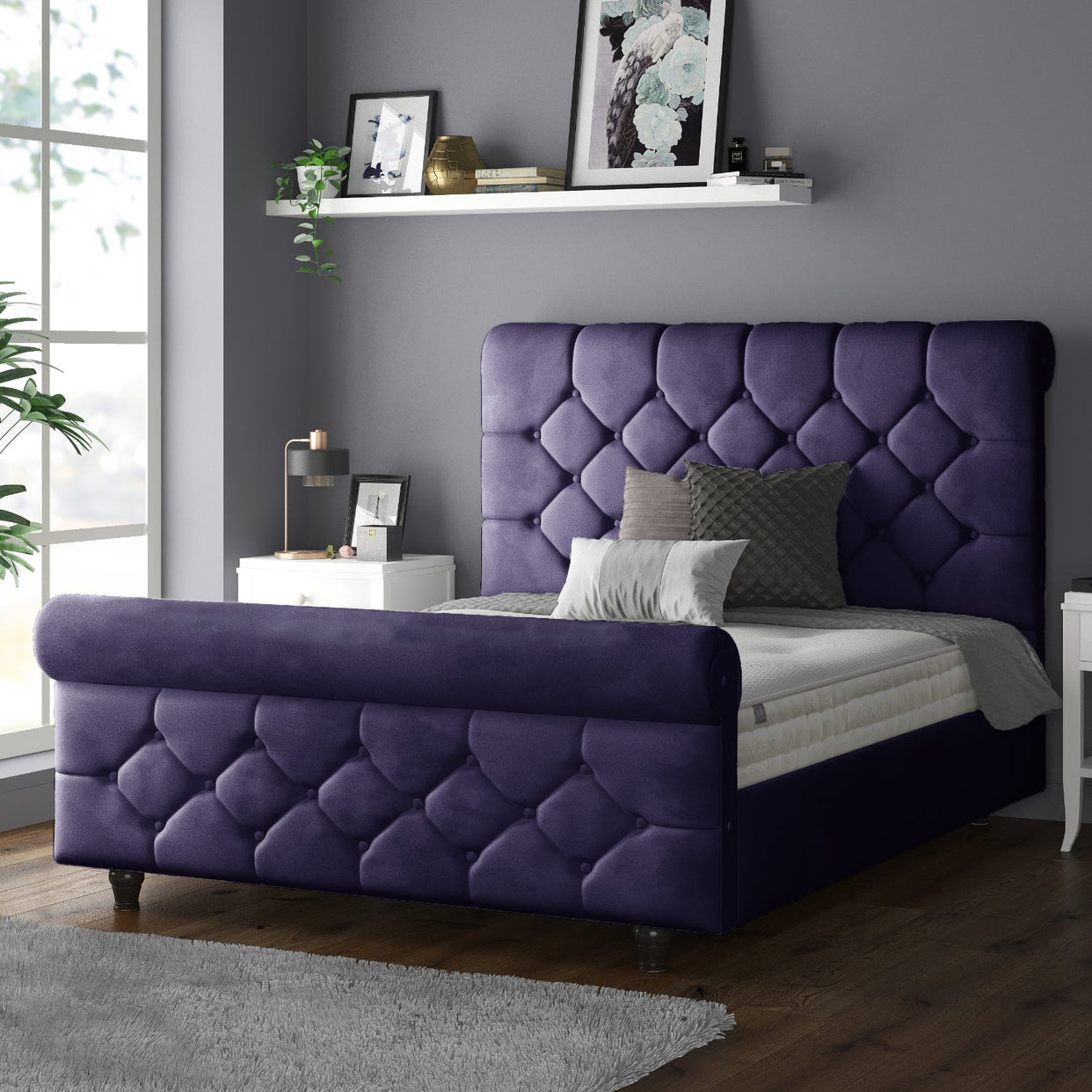 Jasmine Velvet Chesterfield Sleigh Plush Velvet Bed Frame For MFS Products