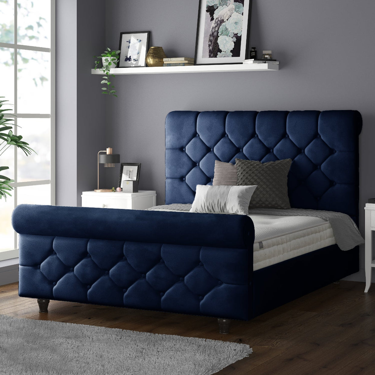 Jasmine Velvet Chesterfield Sleigh Plush Velvet Bed Frame For MFS Products