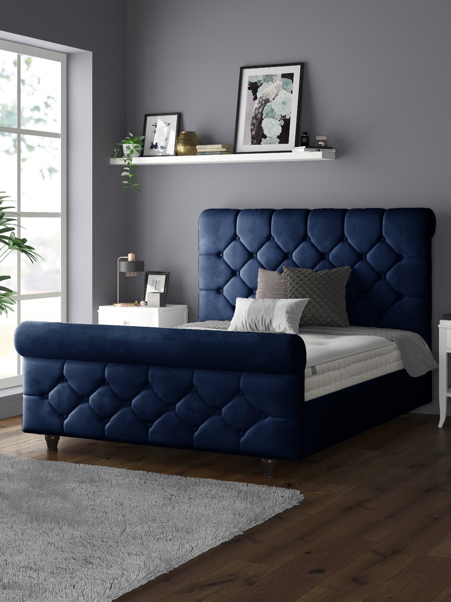 Jasmine Velvet Chesterfield Sleigh Plush Velvet Bed Frame For MFS Products