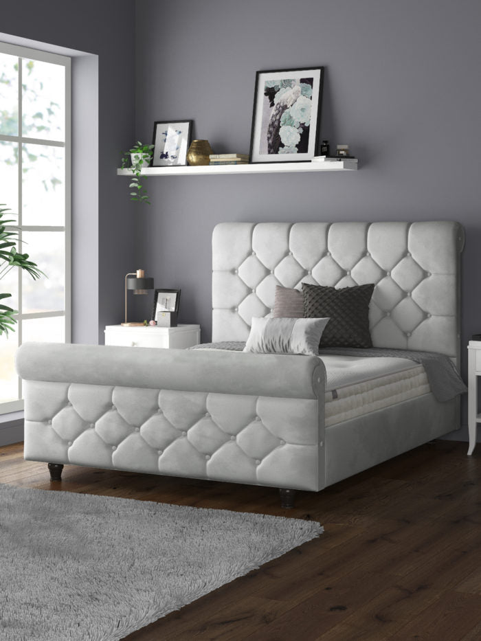 Jasmine Velvet Chesterfield Sleigh Plush Velvet Bed Frame For MFS Products