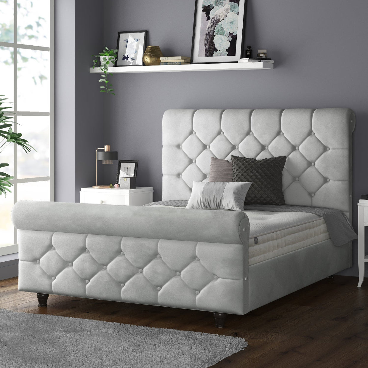 Jasmine Velvet Chesterfield Sleigh Plush Velvet Bed Frame For MFS Products