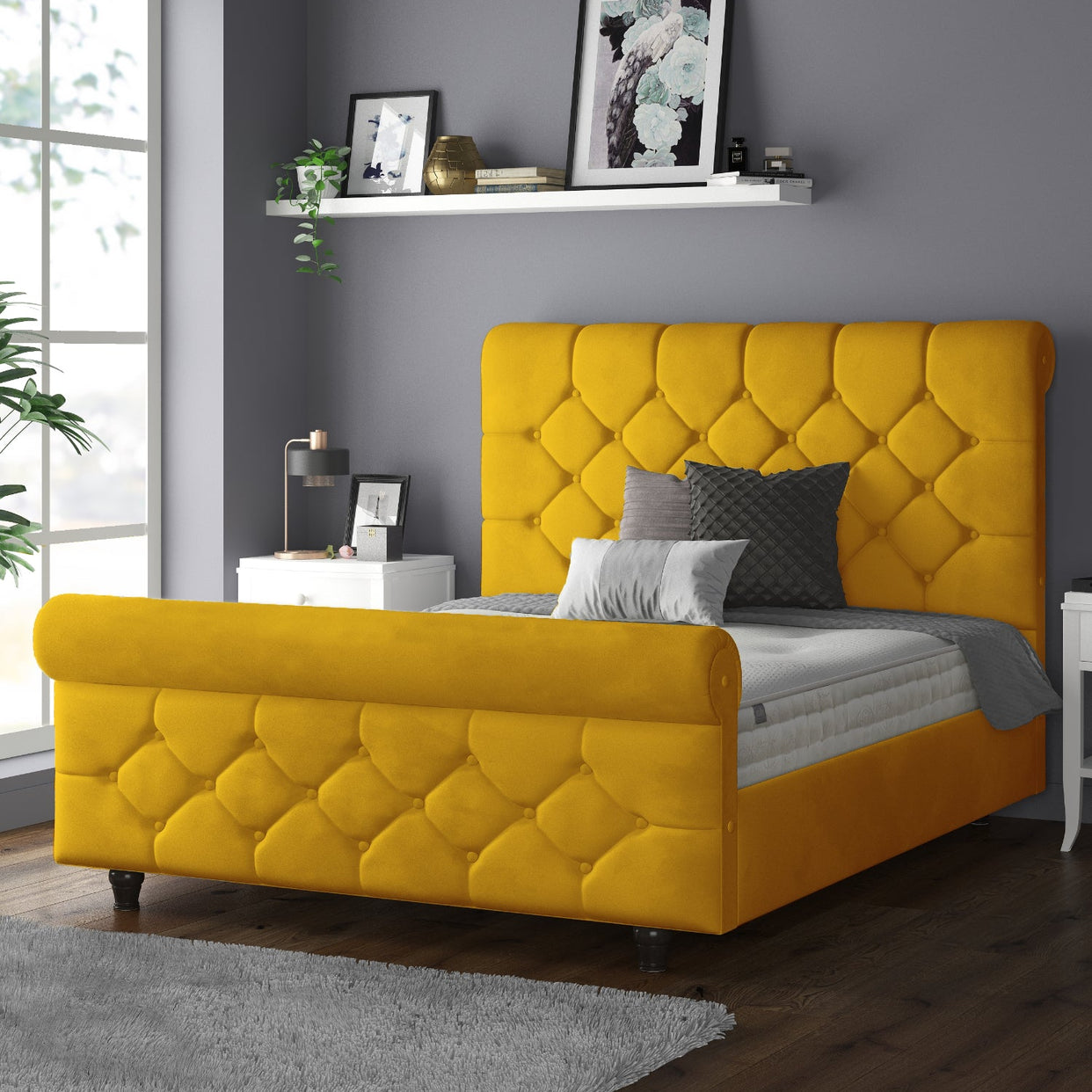 Jasmine Velvet Chesterfield Sleigh Plush Velvet Bed Frame For MFS Products