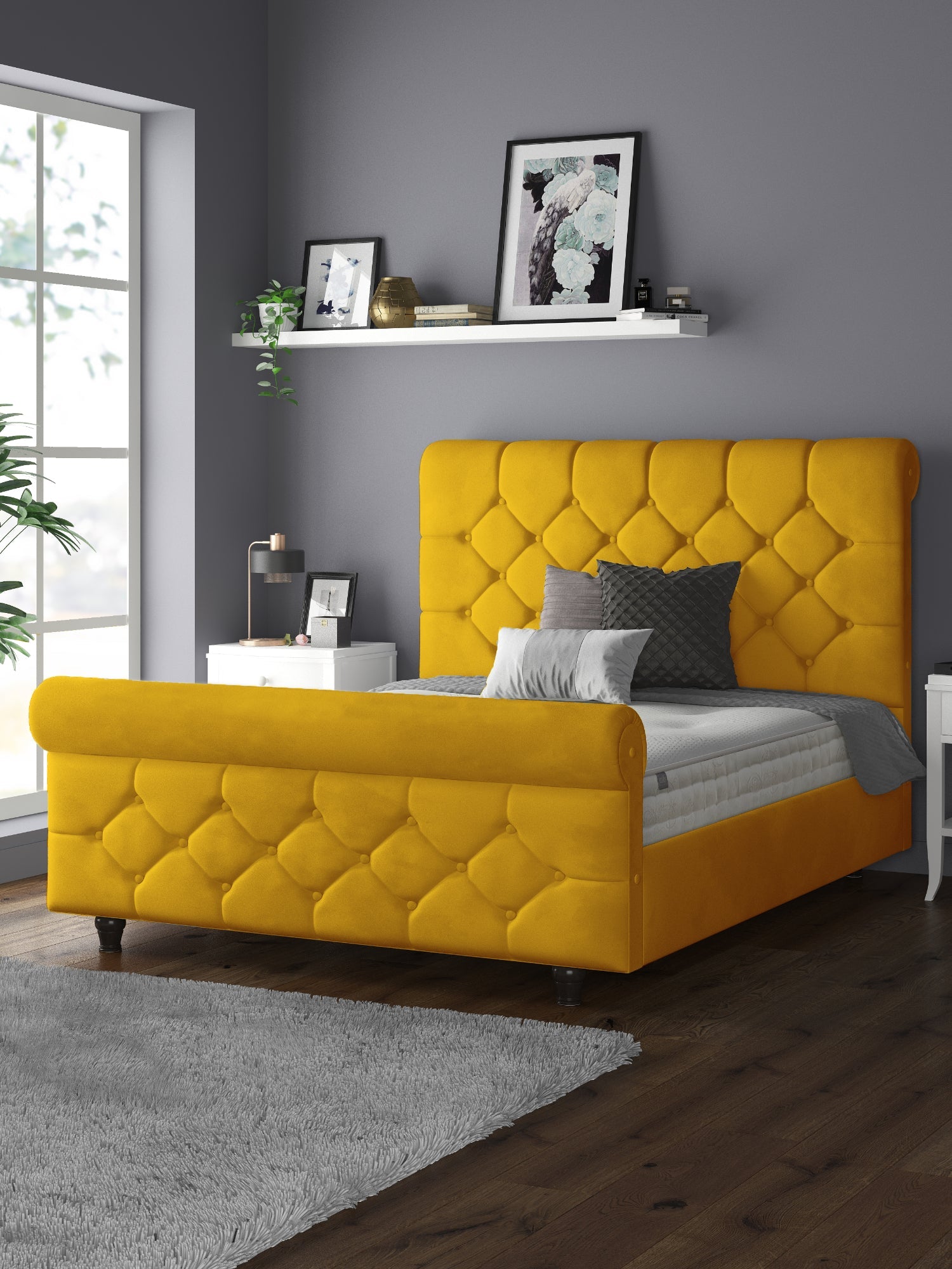 Jasmine Velvet Chesterfield Sleigh Plush Velvet Bed Frame For MFS Products