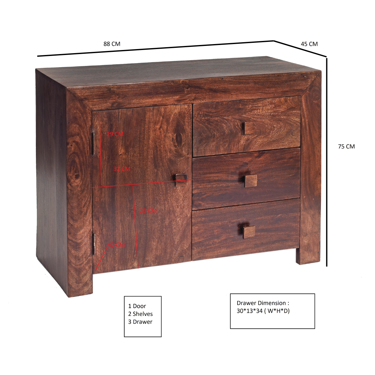 Toko Dark Mango 3 Drawer Sideboard  For Indian Hub-IH-MB15