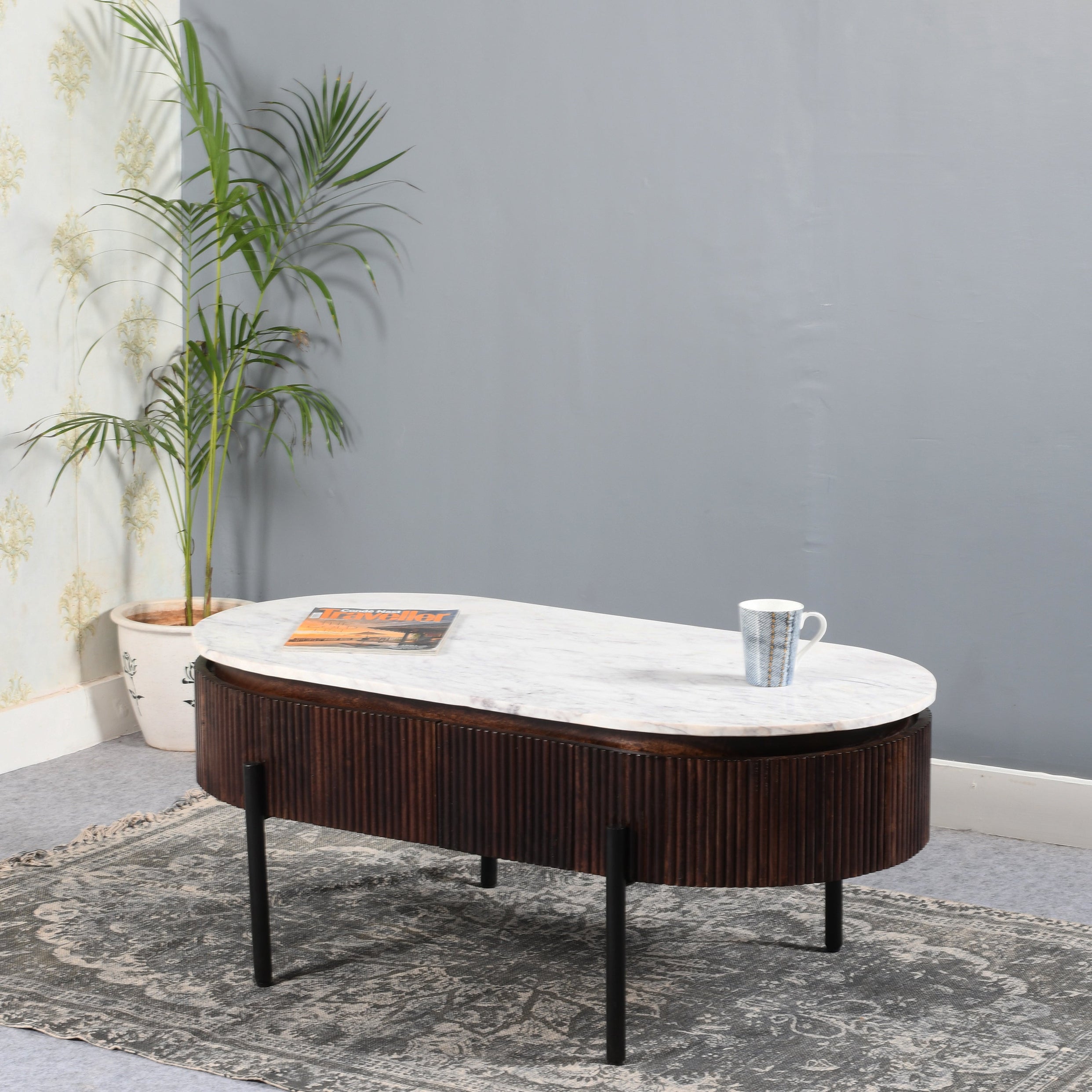Opal Mango Wood Rectangular Fluted Coffee Table With Marble Top & Metal Legs For Indian Hub-IH-MT02