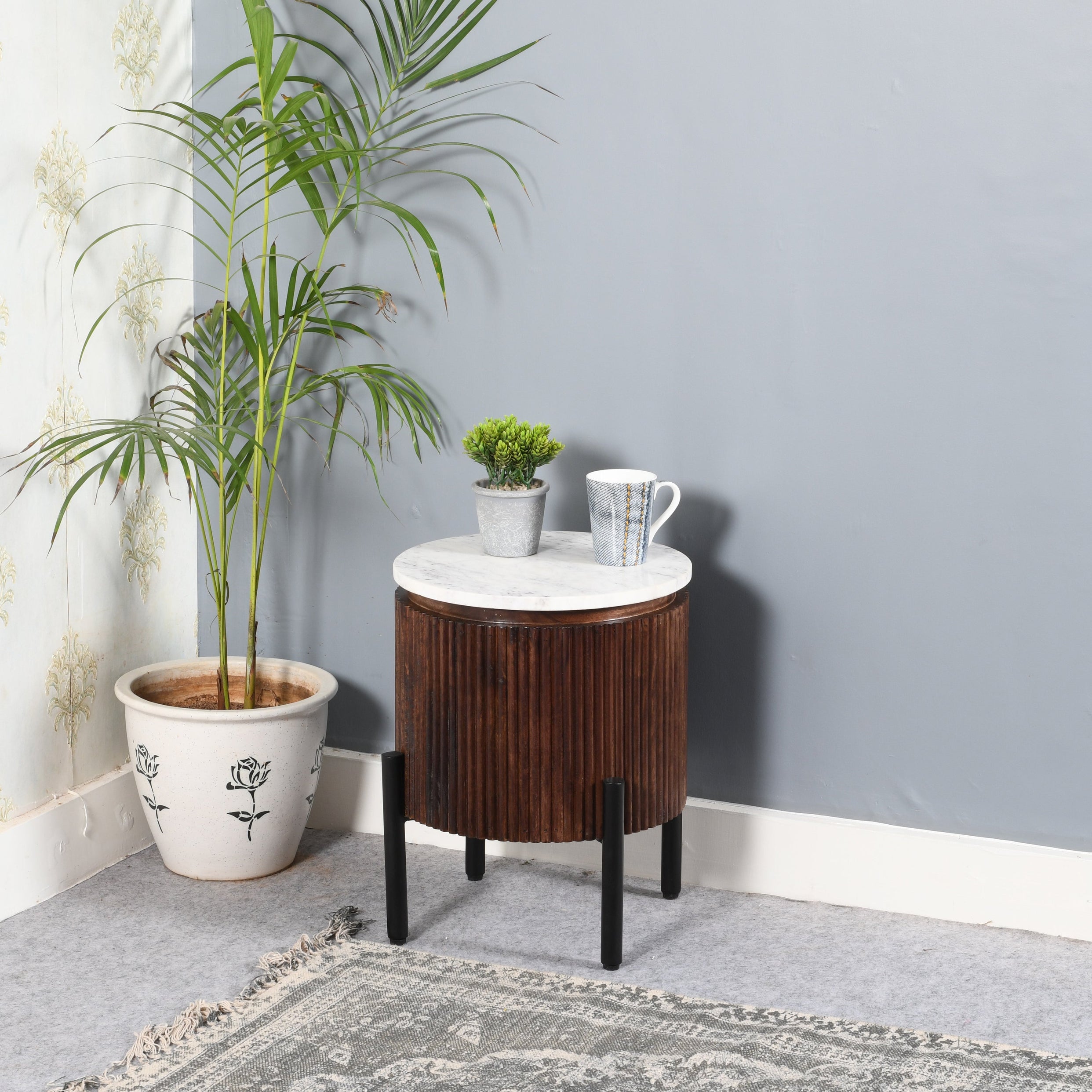 Opal Mango Wood Side Table With Marble Top & Metal Legs For Indian Hub-IH-MT04