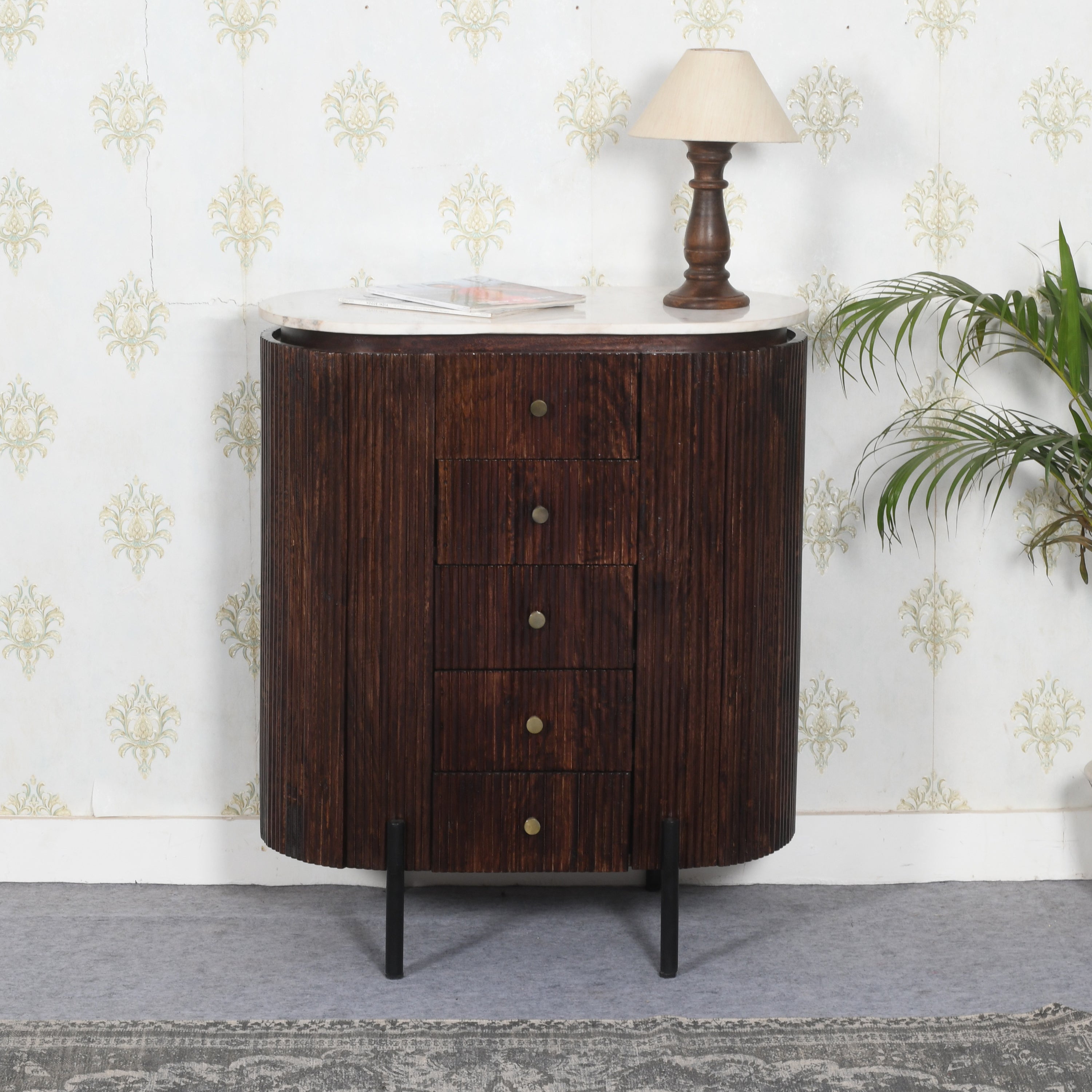 Opal Mango Wood Wide Chest Of Drawers With Marble Top & Metal Legs For Indian Hub-IH-MT14