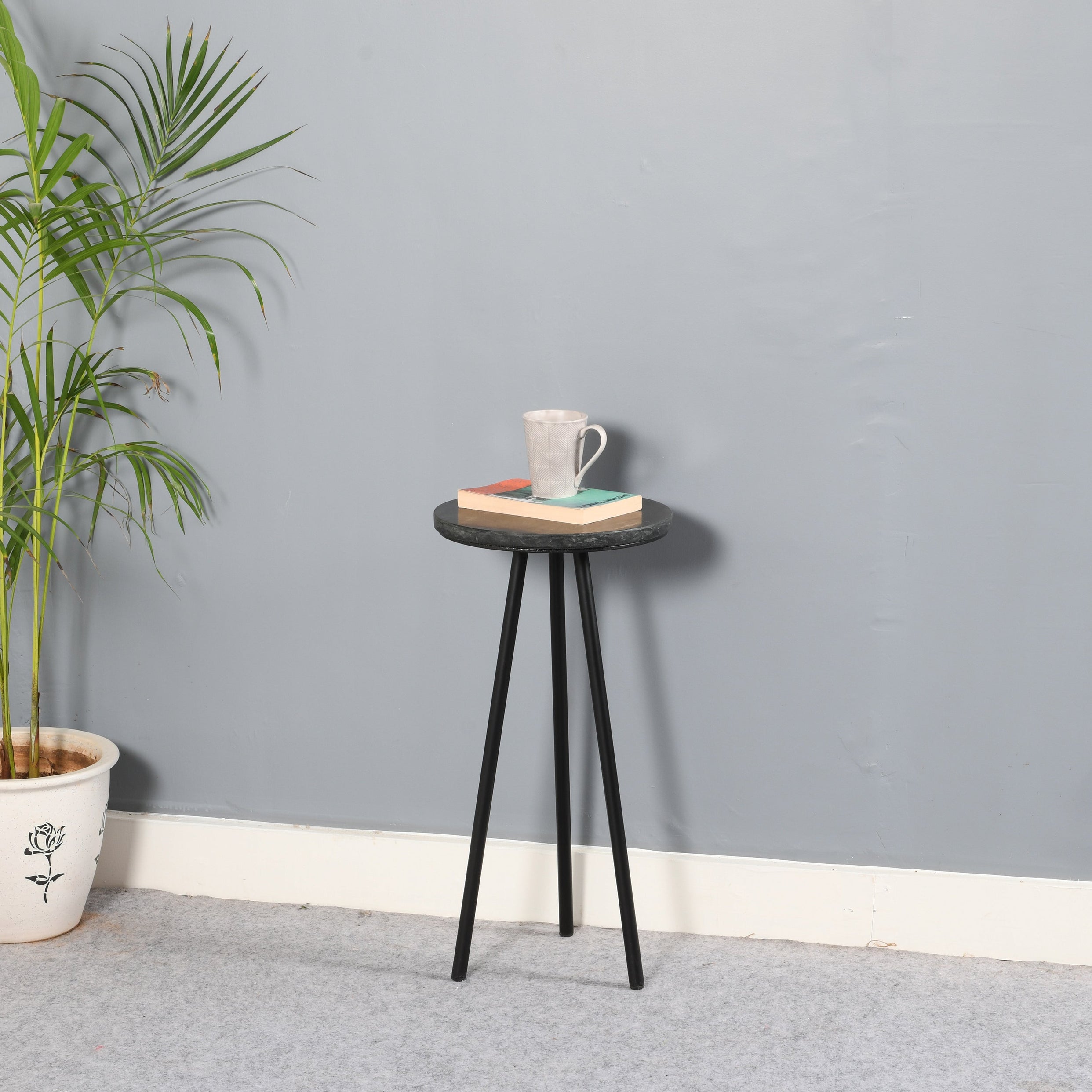 Opal Side Table With Black Marble Top & Metal Legs For Indian Hub-IH-MT20