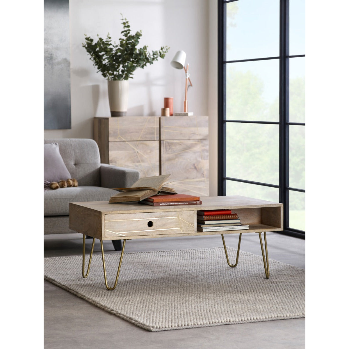 Light Gold Rectangular Coffee Table With Drawer For Indian Hub-IH-BRC04