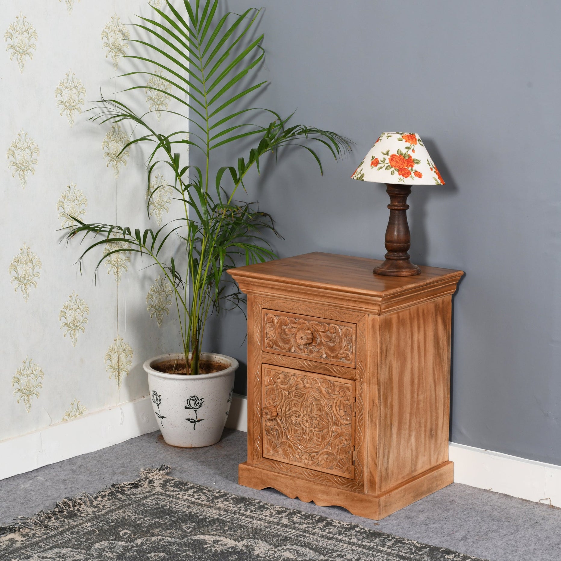 Artwork Mango Wood Bedside Table With Storage For Indian Hub-IH-MC01