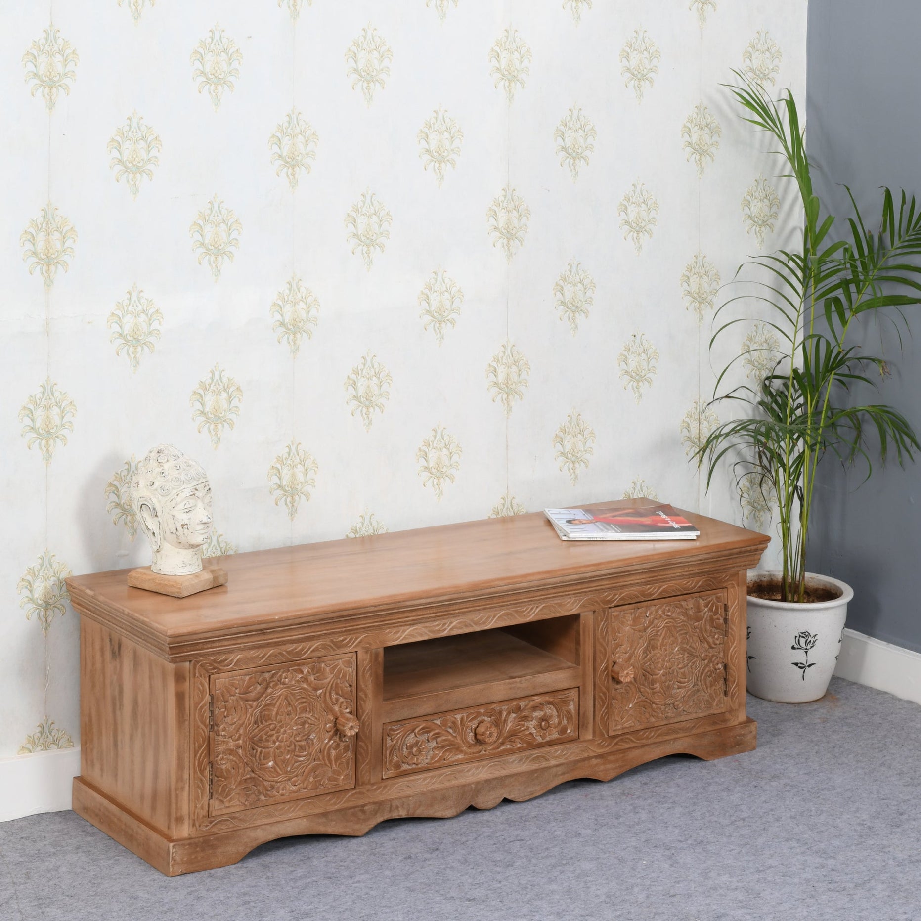 Artwork Mango Wood Tv Cabinet For Indian Hub-IH-MC02