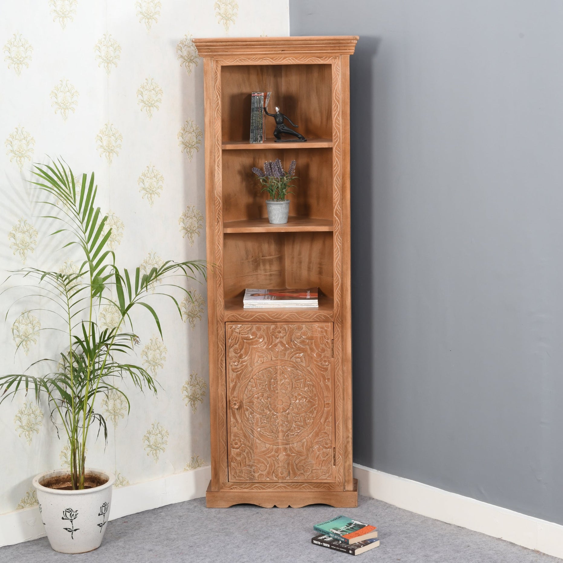 Artwork Mango Wood Corner Bookcase For Indian Hub-IH-MC14