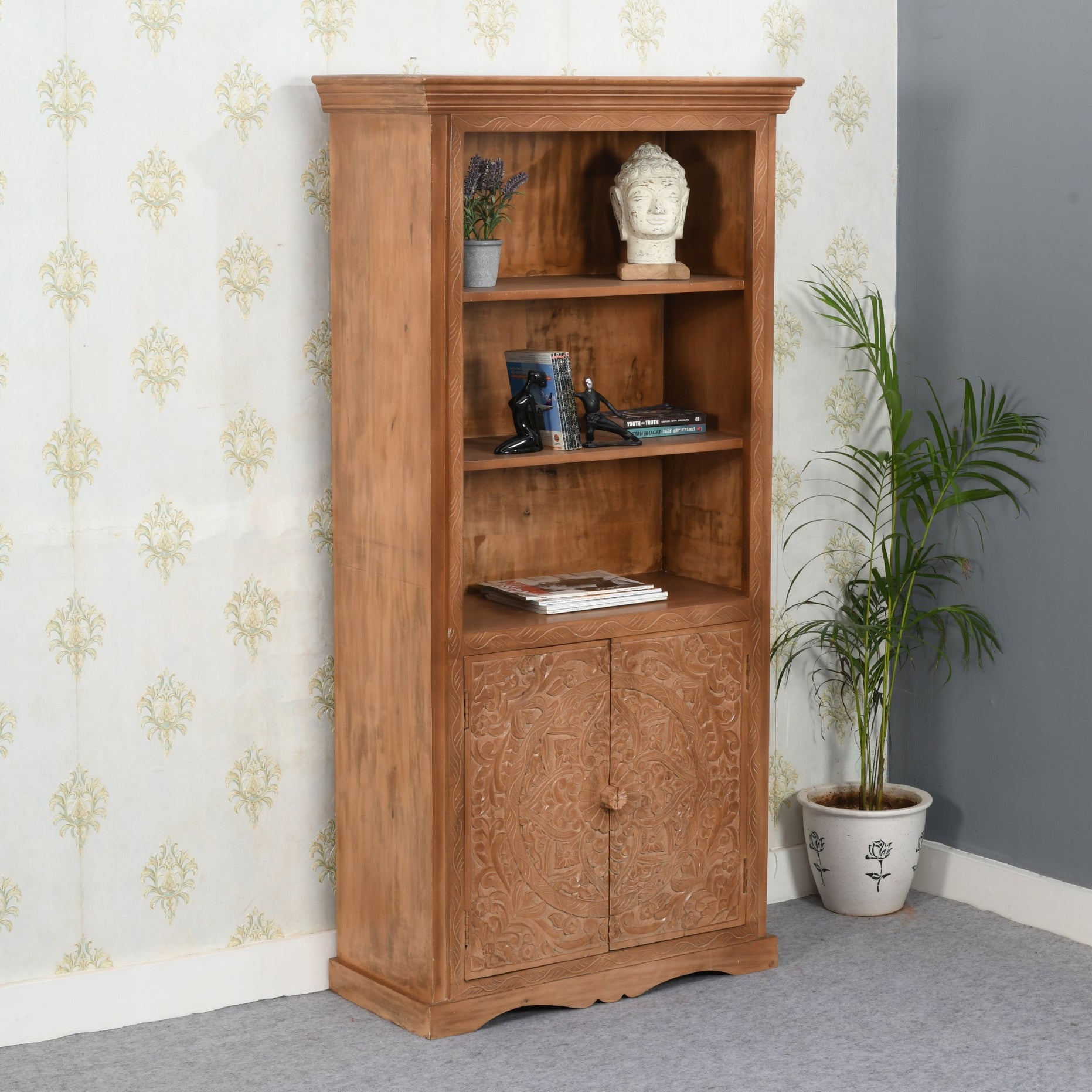 Artwork Mango Wood Large Bookcase For Indian Hub-IH-MC15