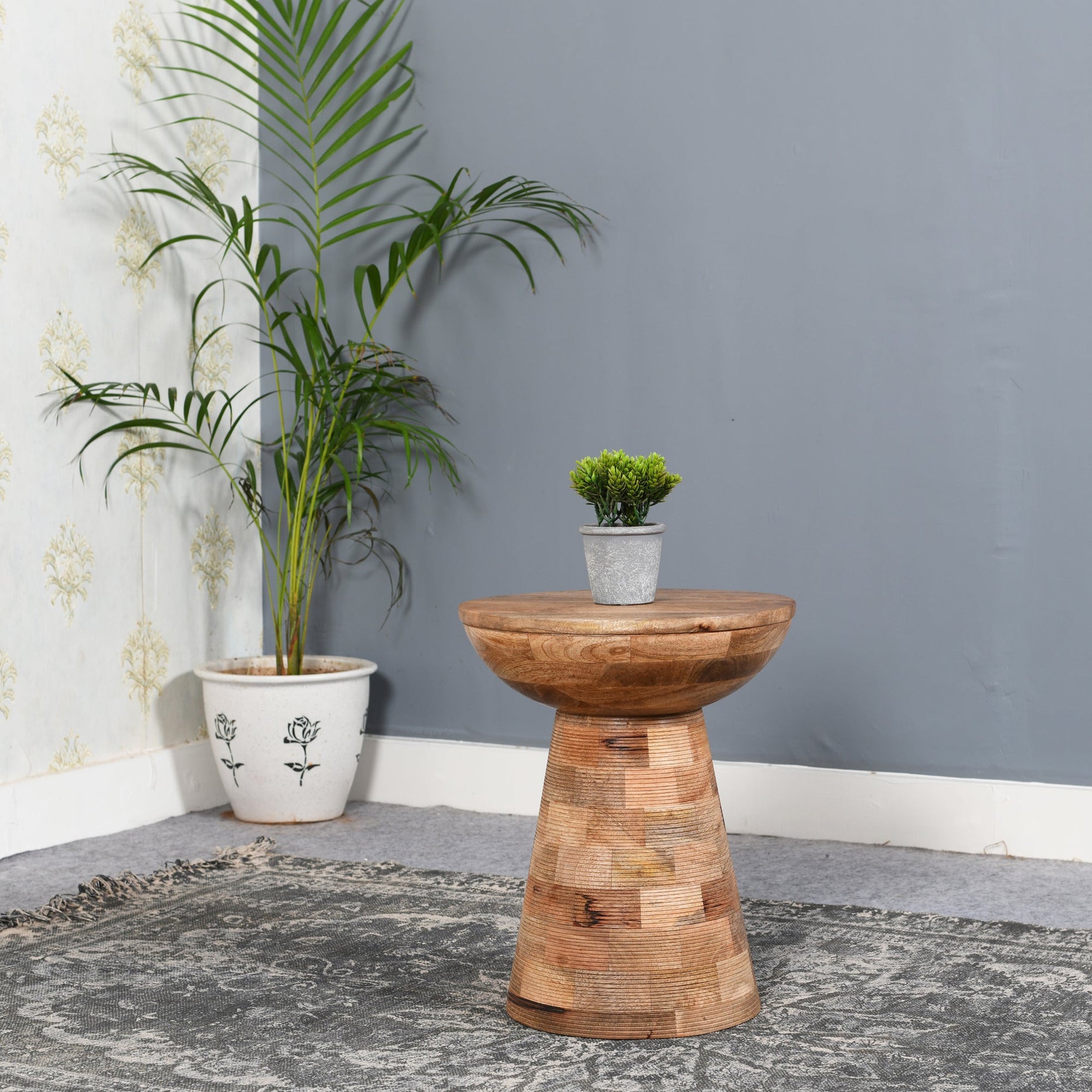  Solid Wood Round Side Table Mushroom Style, Elegant And Versatile For Indian Hub-IH-MD04