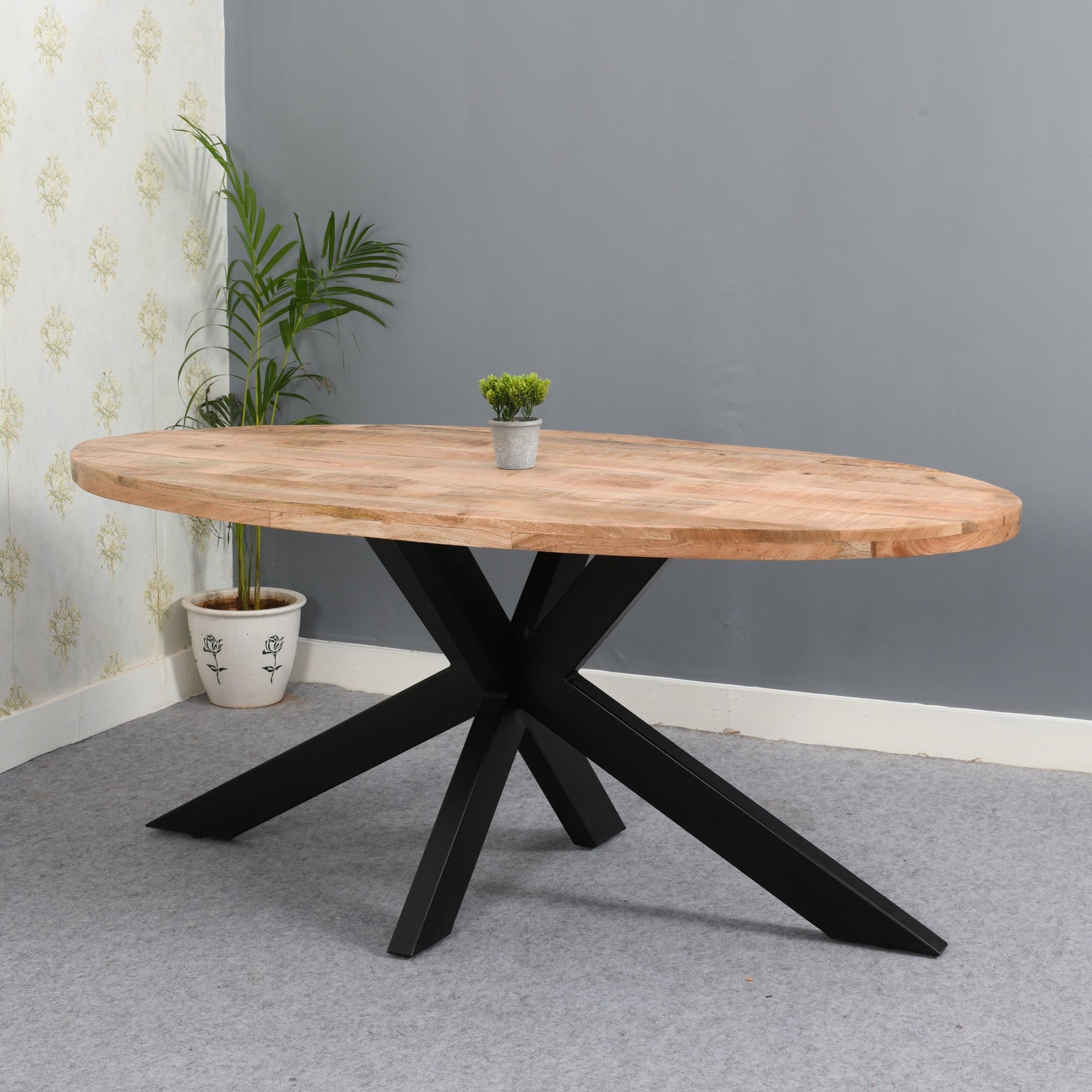 Surrey Solid Wood & Metal Oval Dining Table 6-8 Seater For Indian Hub-IH-MD14